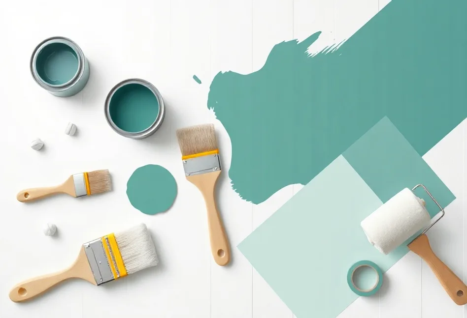 Pots de peinture, nuancier, brosses et rouleaux disposés à plat