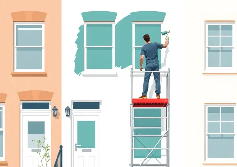 Peintre sur échafaudage traitant la façade d'une maison