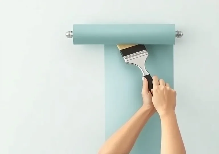 Pose de papier peint, rouleau et brosse à maroufler